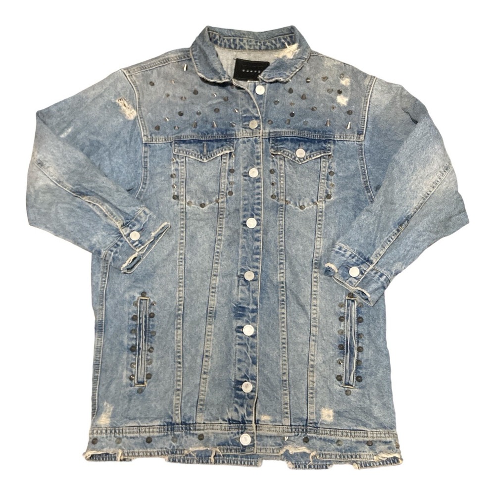 Blank NYC Women's Denim Jacket Size M Medium Wash Distressed Biker Spike‎ Punk